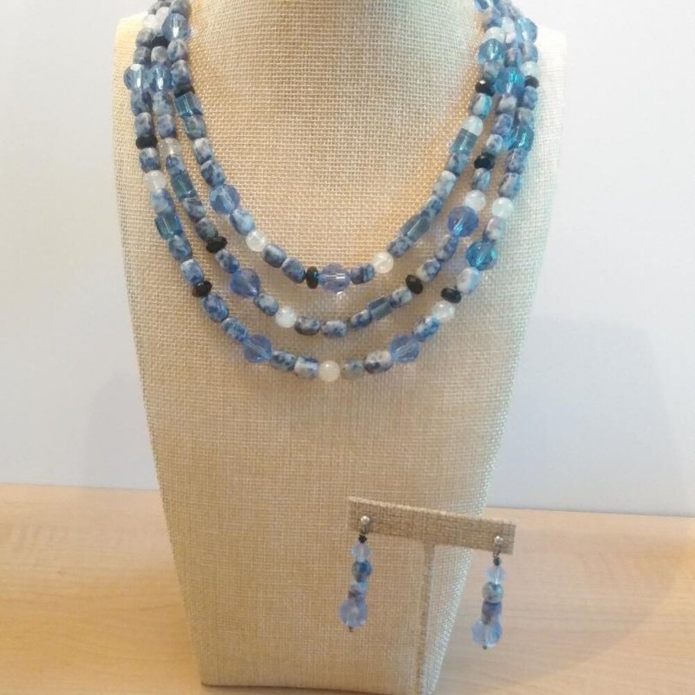 Vintage Multi Strand Sodalite & Sterling Silver Necklace with Matching Earrings